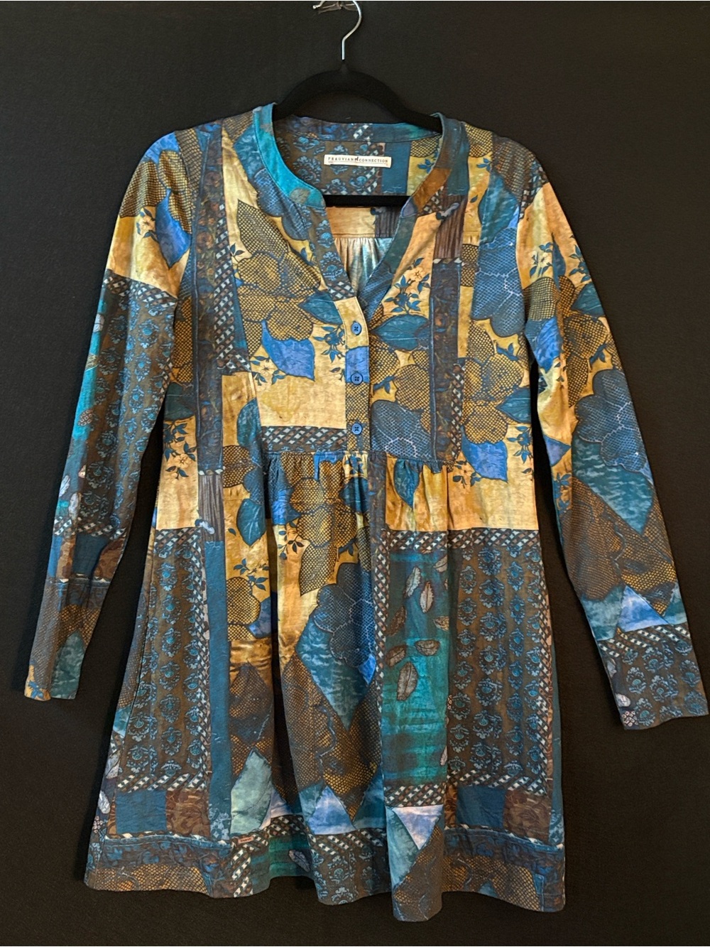 Peruvian Connection 100% Cotton Blue & Golden Tan Long-Sleeve Tunic Dress S